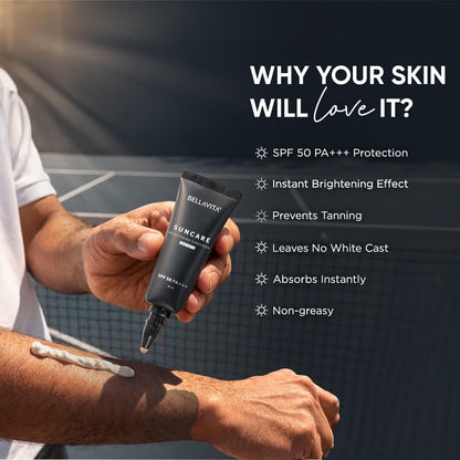 Person applying sunscreen cream with text highlighting its benefits on a blurred background