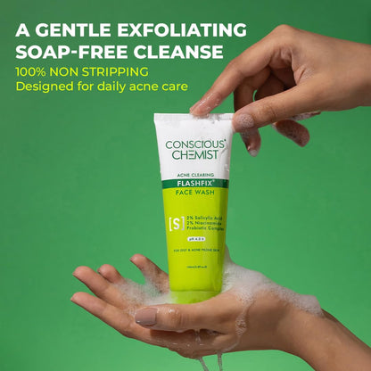 Hand holding a tube of 'Conscious Chemist' face wash with green background
