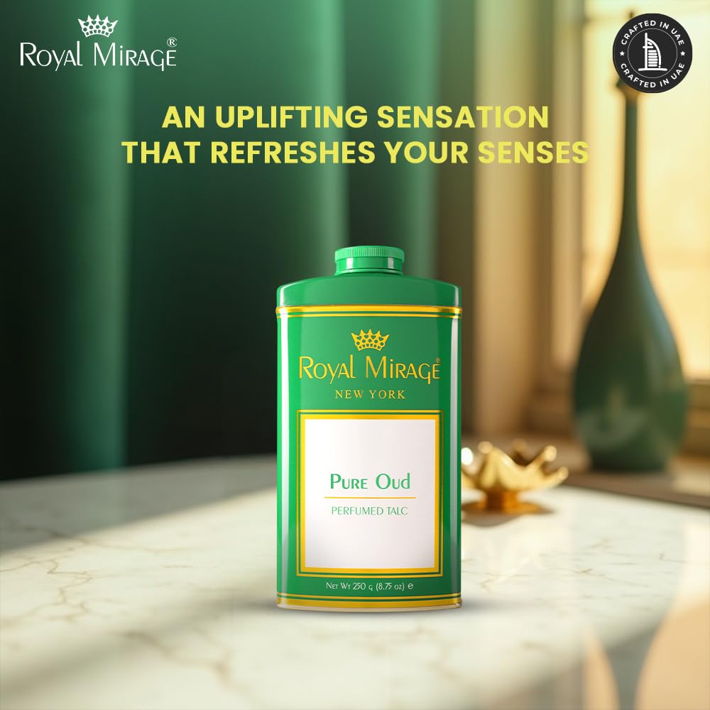 Royal Mirage Pure Oud Talc Powder | Long-Lasting Unisex Fragrance | Oud, Leather & Saffron Notes | Bold & Captivating Luxury Scent | Exotic & Sophisticated Skin Freshness | Gift for Men & Women | 250g