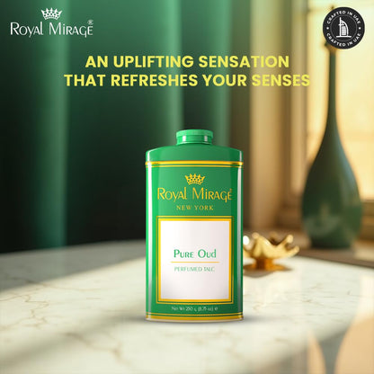 Royal Mirage Pure Oud Talc Powder | Long-Lasting Unisex Fragrance | Oud, Leather & Saffron Notes | Bold & Captivating Luxury Scent | Exotic & Sophisticated Skin Freshness | Gift for Men & Women | 250g