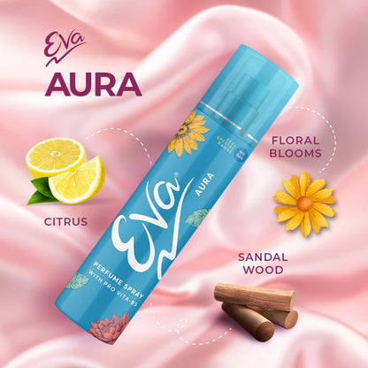 Eva Aura perfume spray bottle with lemon, sandalwood, and floral elements on a pink background