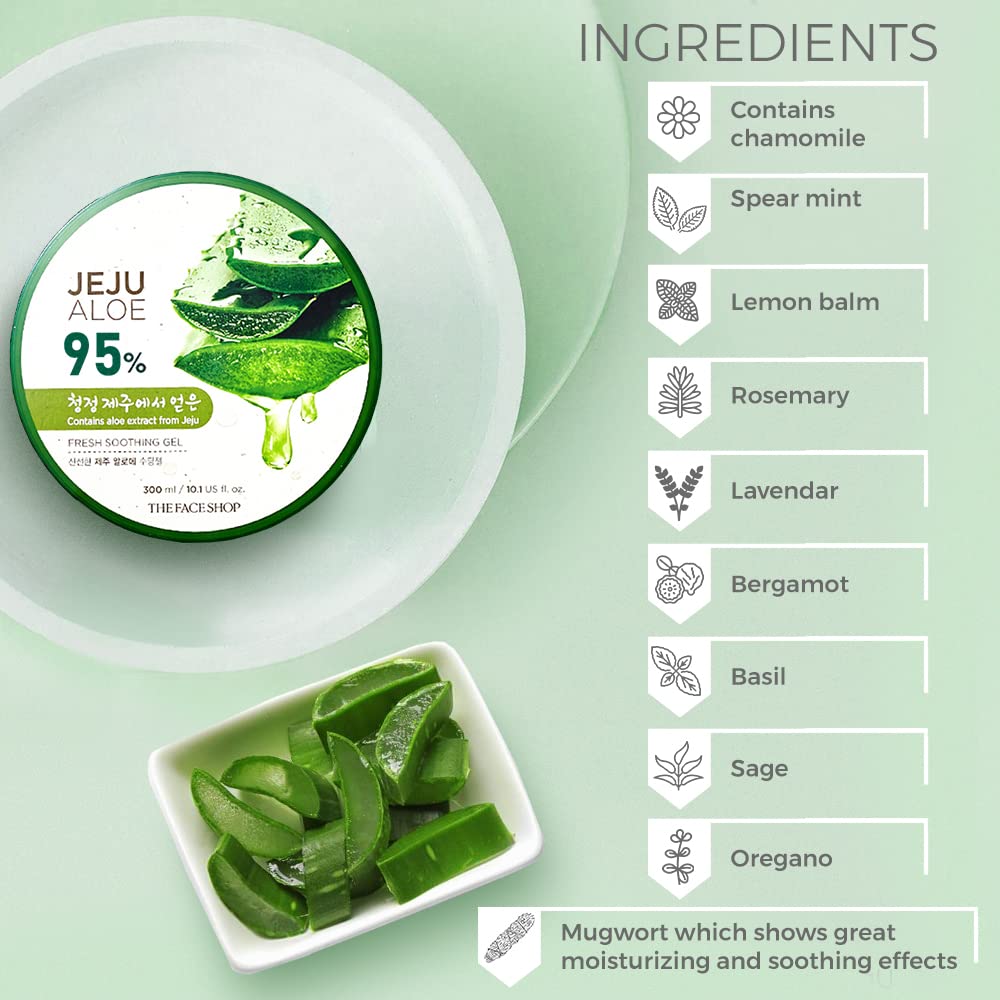 Jeju Aloe 99% product with aloe vera slices and ingredient list on a light green background