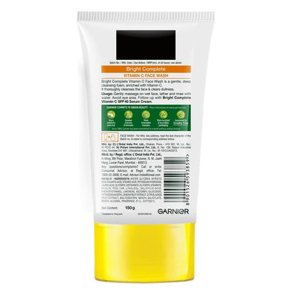 Back view of a Garnier facial wash packaging with branding and product details.