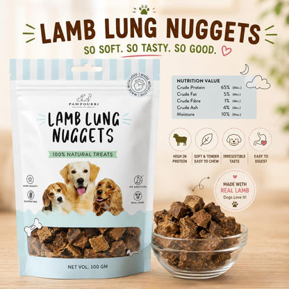PAWPOURRI Natural Lamb Lung Nuggets Dog Treats, 100gm | Protein Rich Chewy Snacks for Dogs | Suitable for All Breeds & Life Stages | Daily Training & Reward Treats (Pack of 1)