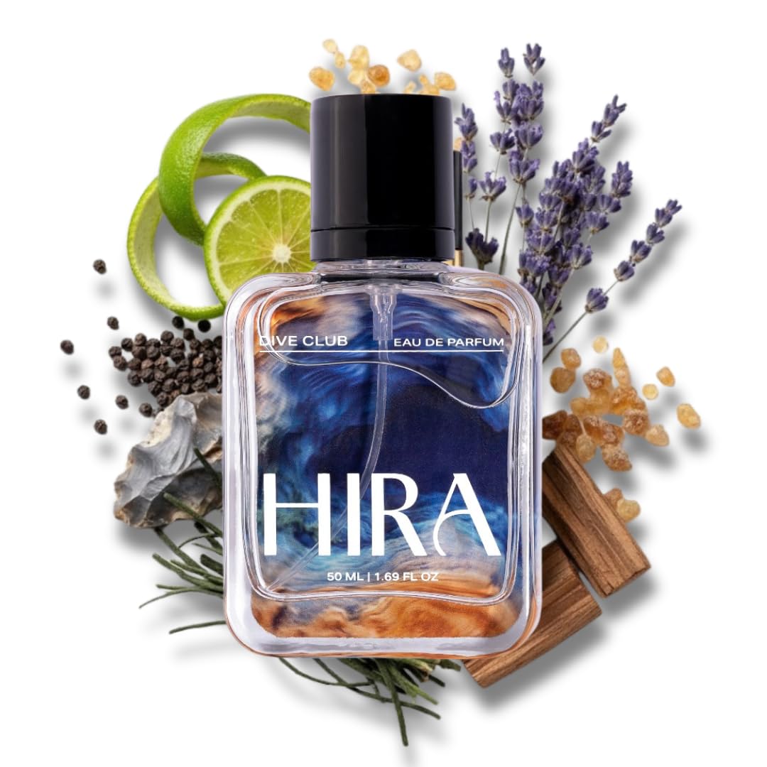 HIRA perfume bottle surrounded by herbs and spices on a white background