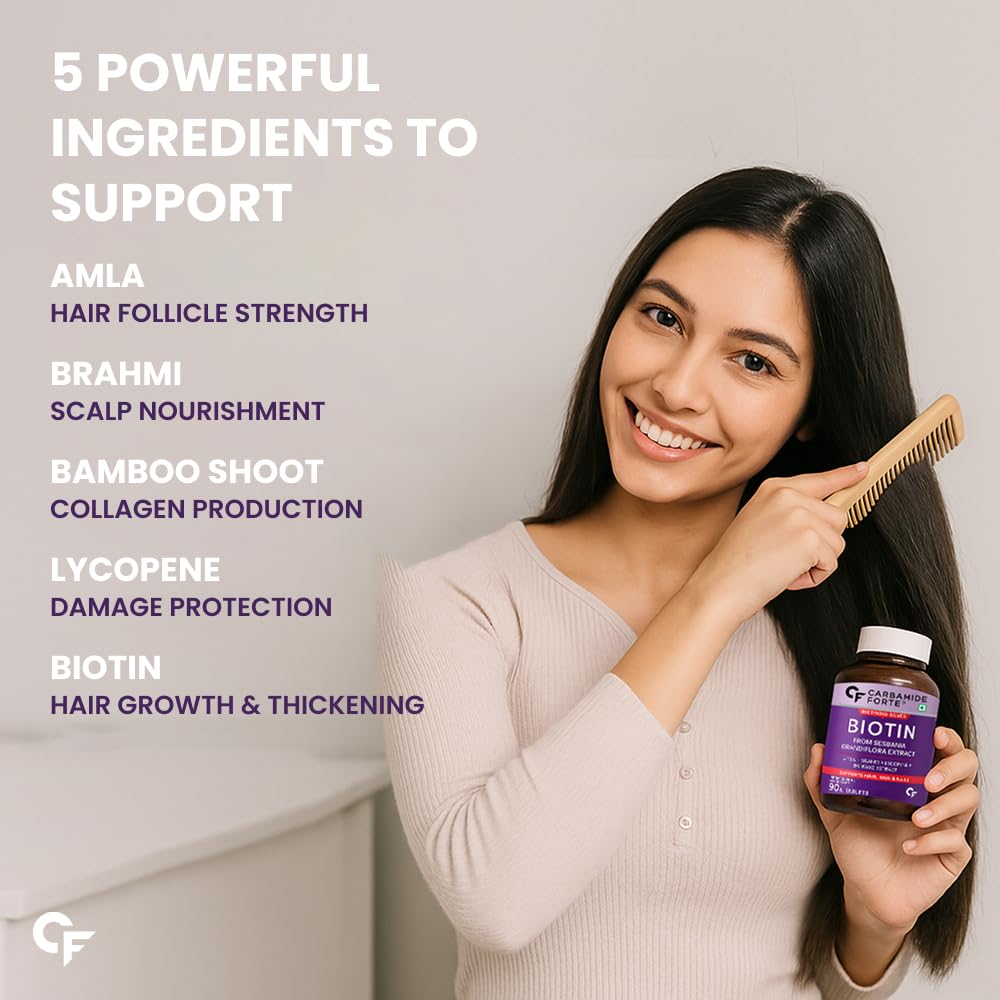Carbamide Forte Biotin Tablets for Hair Growth with Amla, Brahmi & Bamboo Extract | Hair Growth Tablet | Hair Vitamins | Hair Supplements for Women & Men - 90 Veg Tablet