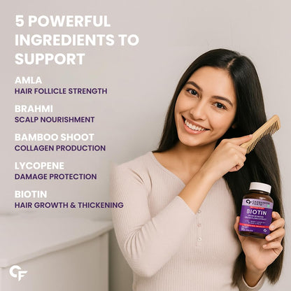 Carbamide Forte Biotin Tablets for Hair Growth with Amla, Brahmi & Bamboo Extract | Hair Growth Tablet | Hair Vitamins | Hair Supplements for Women & Men - 90 Veg Tablet