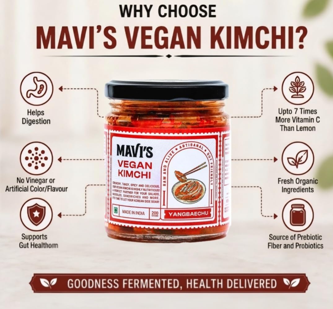 MAVI's Veg Kimchi | Korean Cabbage Kimchi | Artisanal Probiotic Pickle | Vegan | No Preservatives, No Artificial Flavour or Colour | Pack of 1 (200g)