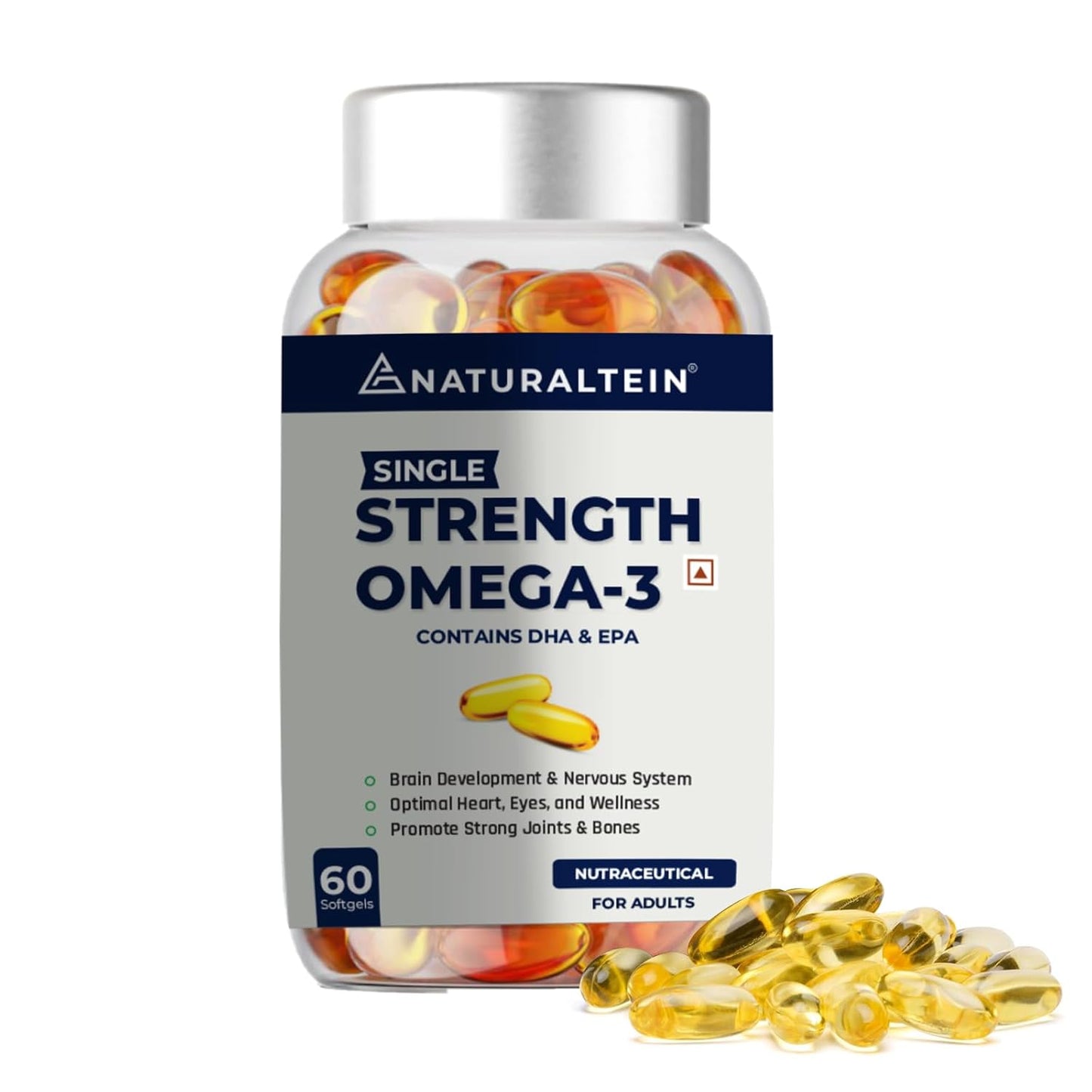NATURALTEIN Omega 3 Fish Oil – 1000mg per Softgel | 60 Capsules | 180mg EPA & 120mg DHA | With Vitamin E | Premium Triglyceride Form | Supports Heart, Brain & Joint Health | Single Strength Formula