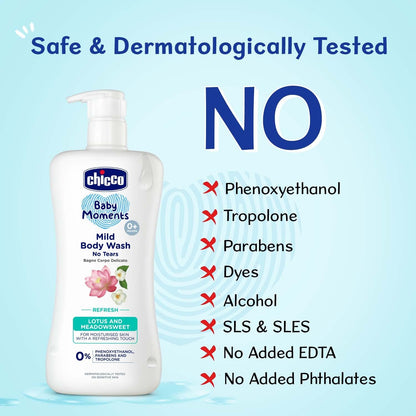 Chicco Baby Moments Mild Body Wash Refresh, New Advanced Formula with Natural Ingredients, No Tears & Soap-Free, Mild formula for Baby’s Body wash, No Phenoxyethanol and Parabens (200ml)
