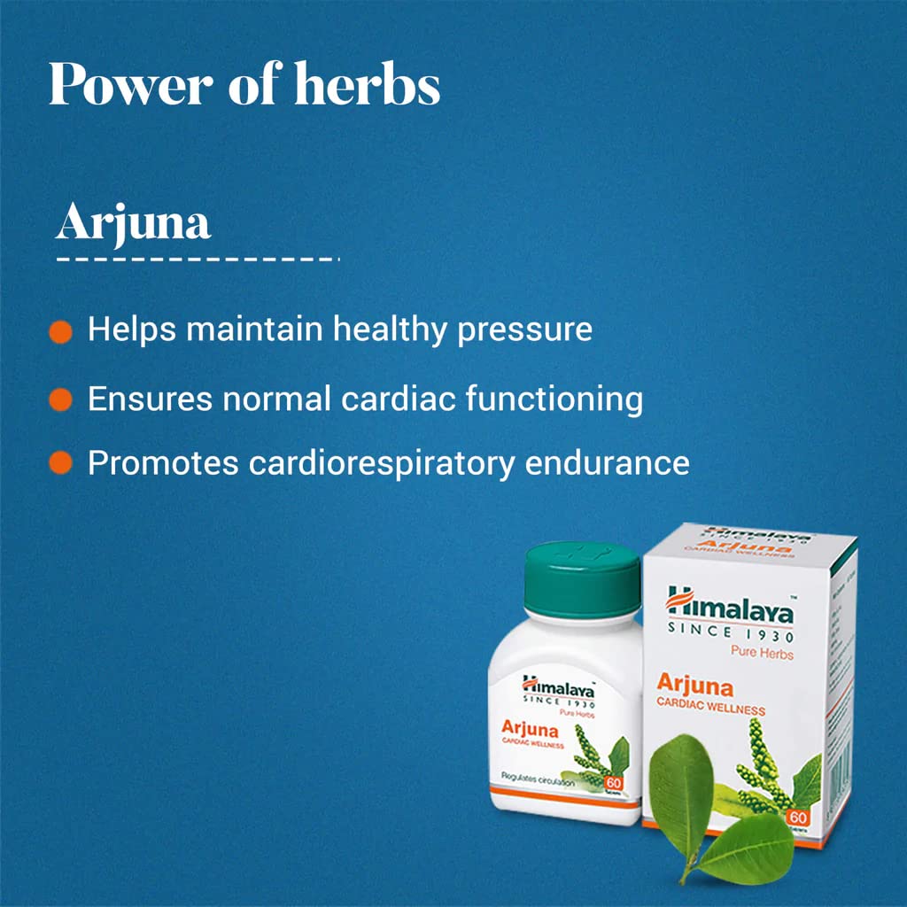 Himalaya Arjuna supplement bottle and packaging on a blue background with text about its benefits.