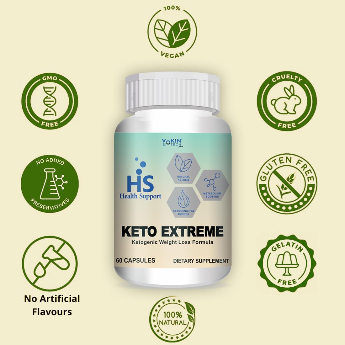 Keto Extreme supplement bottle with Health Support branding on a beige background with green certification logos.