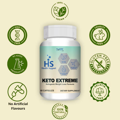 Keto Extreme supplement bottle with Health Support branding on a beige background with green certification logos.