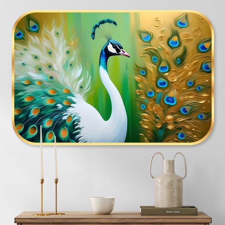 beautiful peacock modern art Premium Sparkle Lamination Finished Surface Golden Slim Frame 35 cm x 28 cm Large Size, For Home/Office/Hotel painting KG57