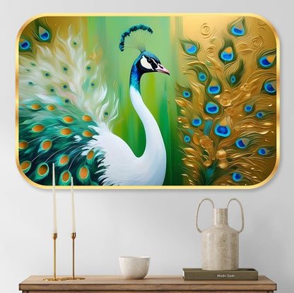 beautiful peacock modern art Premium Sparkle Lamination Finished Surface Golden Slim Frame 35 cm x 28 cm Large Size, For Home/Office/Hotel painting KG57