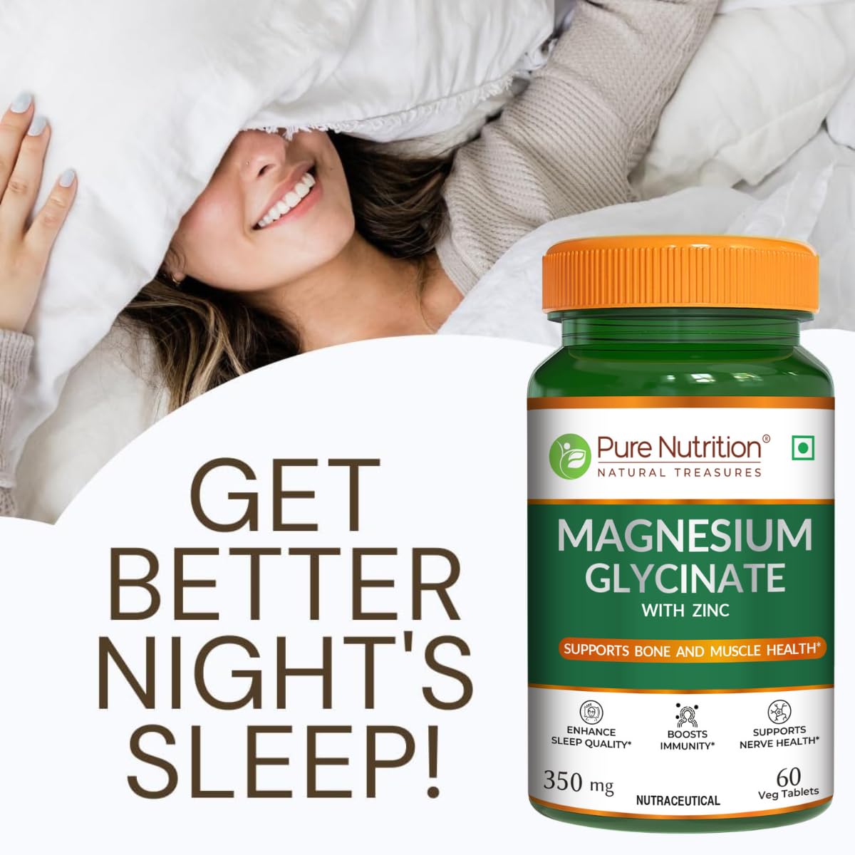 Woman under a blanket with a bottle of Pure Nutrition Magnesium Glycinate with Zinc supplement.