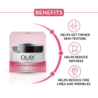 Olay moisturizing cream jar with benefits listed on a white background