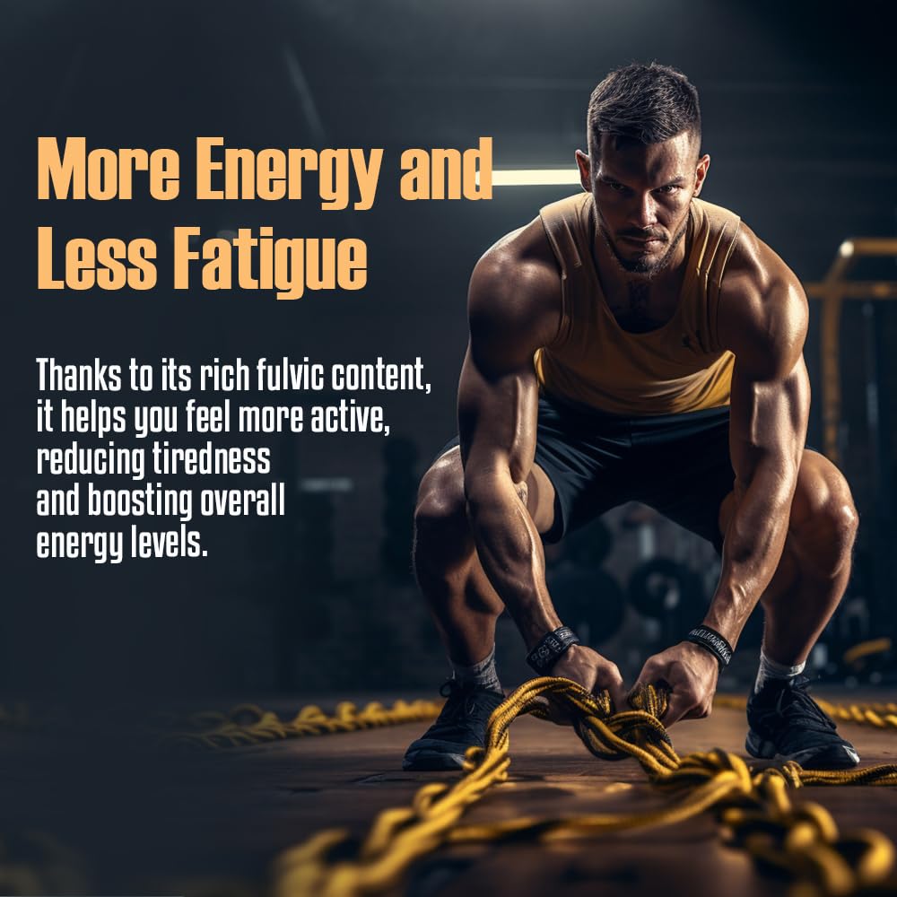 Man pulling a rope with text about fulvic content benefits in a gym setting