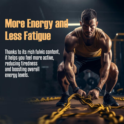 Man pulling a rope with text about fulvic content benefits in a gym setting