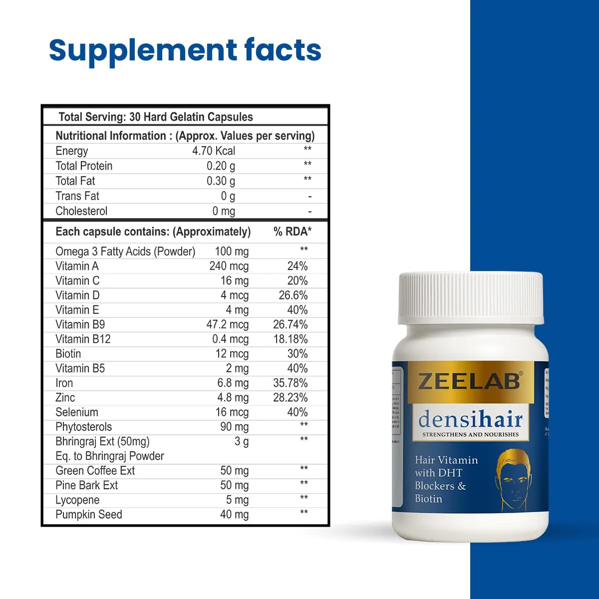 Supplement facts label and Zeelab densihair bottle on a white background