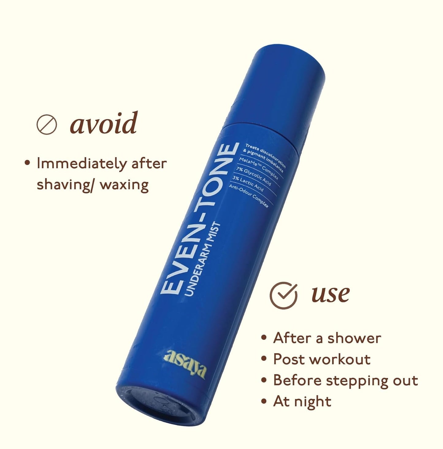 Blue can of 'Even-Tone' underarm mist with usage instructions on a white background