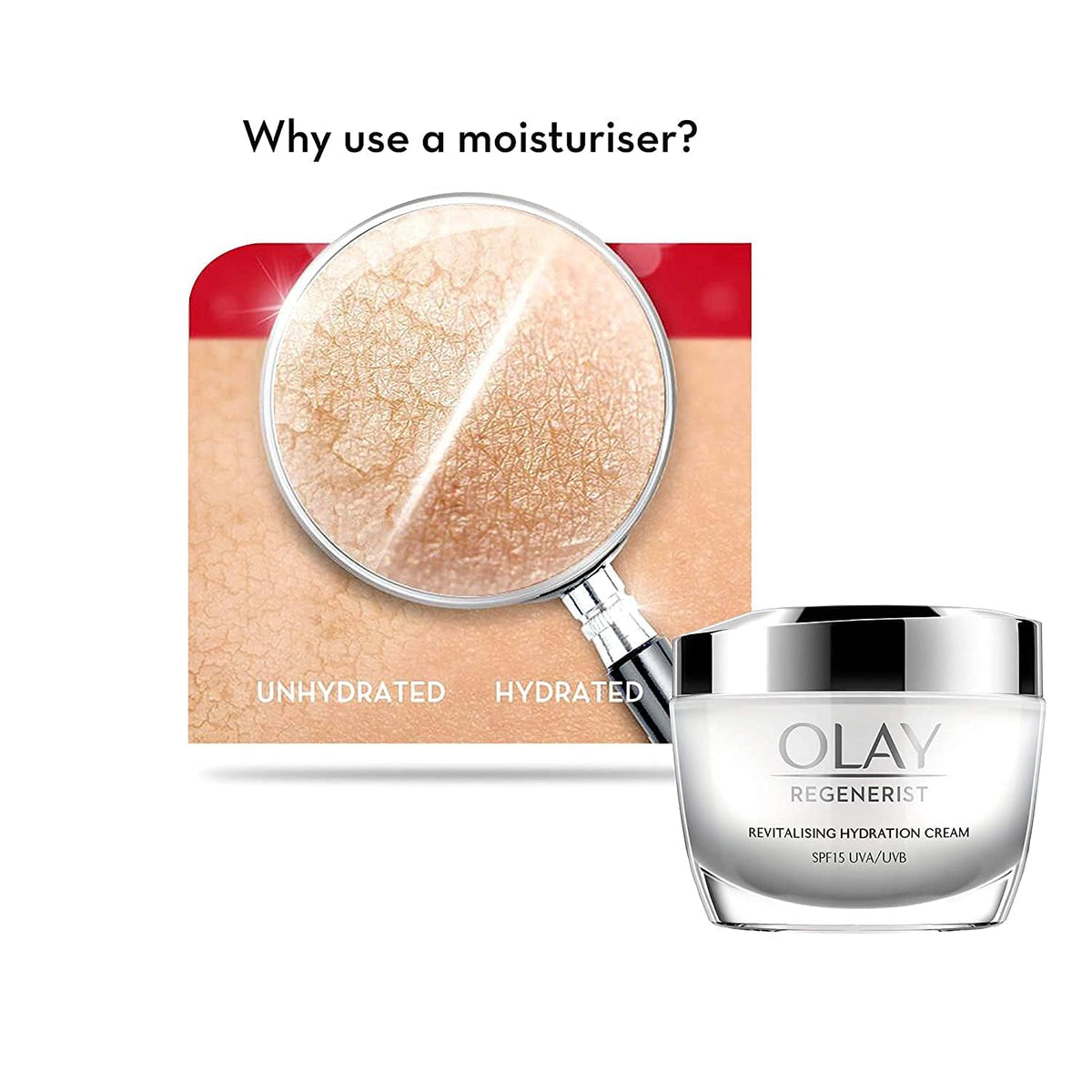 Olay Regenerist moisturizer with a magnifying glass showing skin hydration difference on a white background.