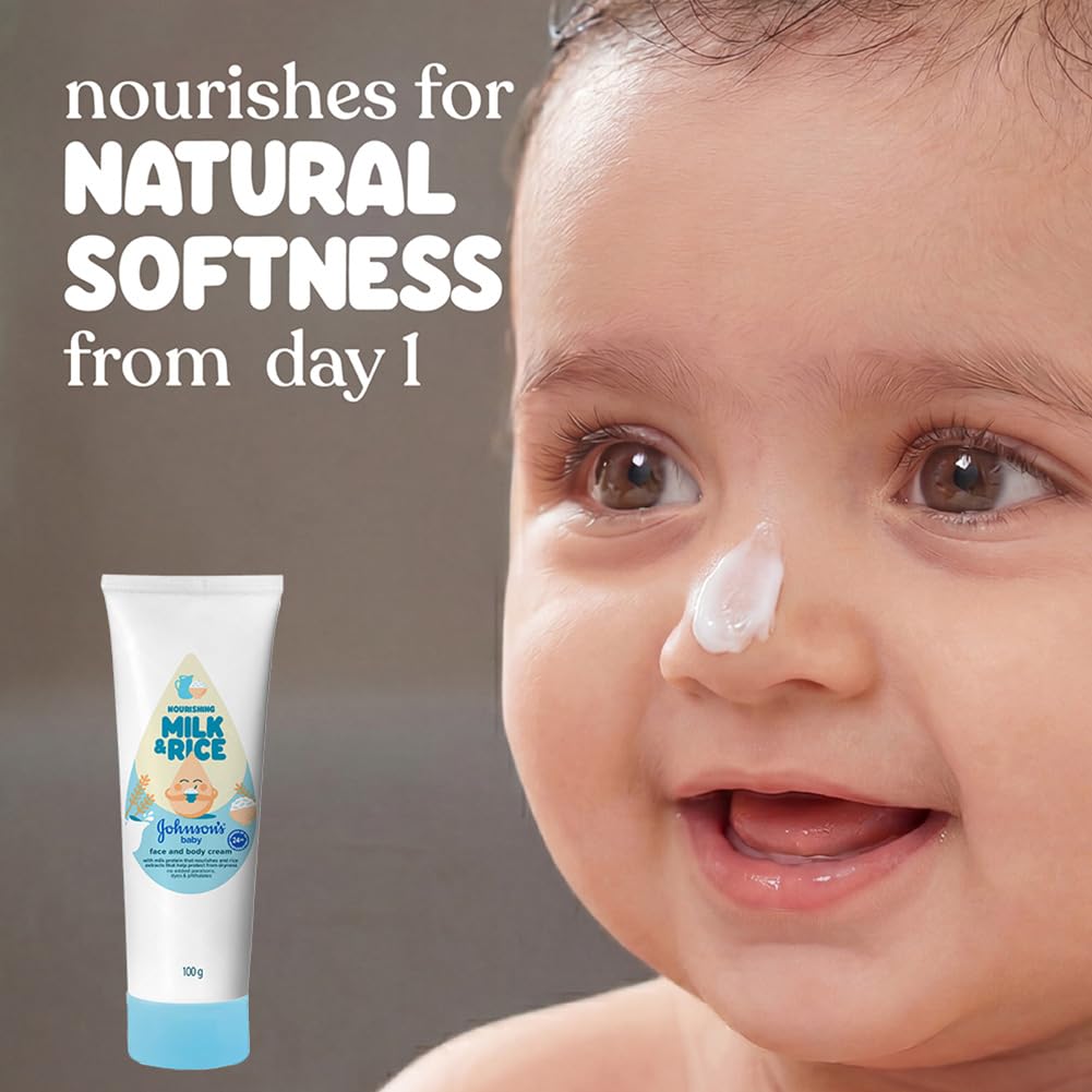 Johnson's Baby Milk & Rice Cream for Summer 100g | Lightweight Moisturizer | With Milk Protein & Vitamin E | Soft & Smooth Skin | Hypoallergenic | For Dry & Sensitive Baby Skin