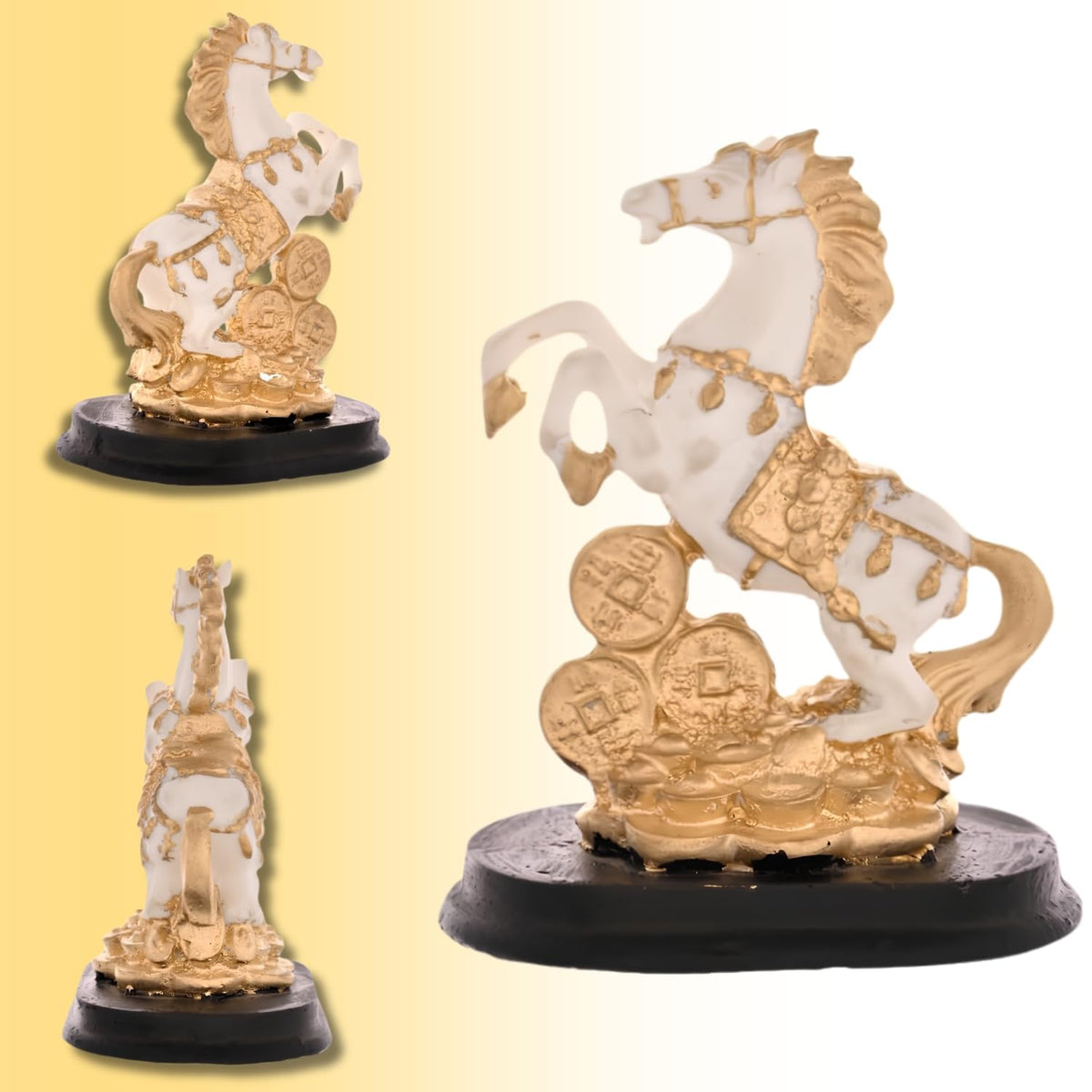 Lucky Horse Showpiece for Home Decor | White & Gold Rearing Horse Figurine with Coins Resin Decorative Statue for Office Desk Living Room Shelf Table Feng Shui Vastu Gift Item