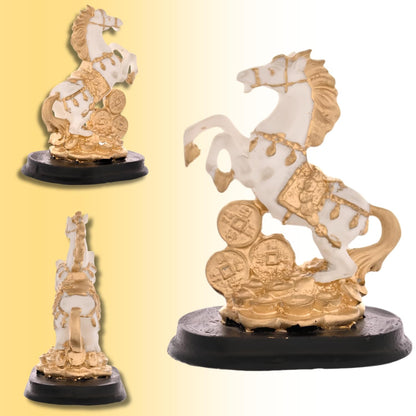 Lucky Horse Showpiece for Home Decor | White & Gold Rearing Horse Figurine with Coins Resin Decorative Statue for Office Desk Living Room Shelf Table Feng Shui Vastu Gift Item