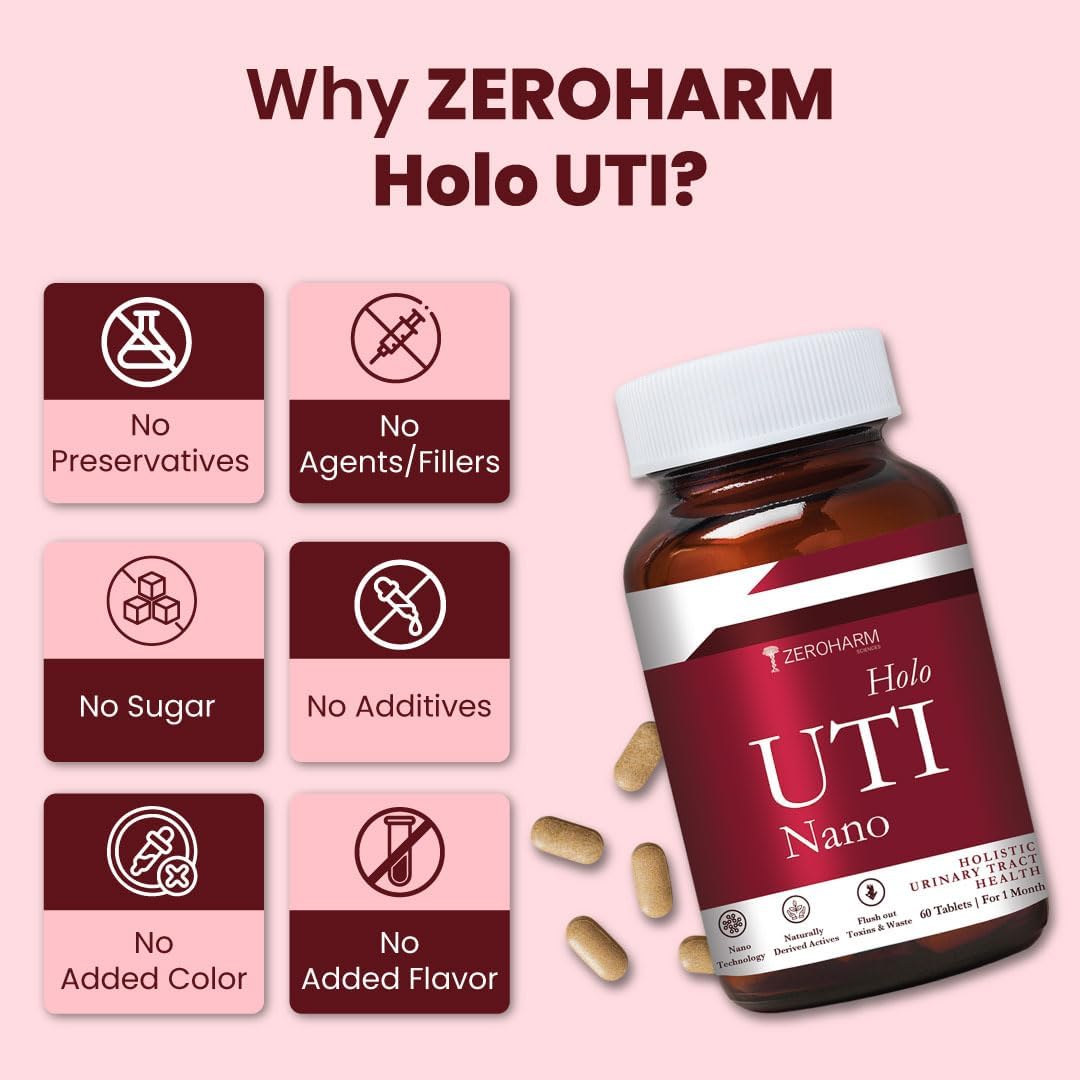 ZEROHARM Holo UTI with Cranberry, D-Mannose, Hibiscus & Dandelion | Helps Reduce Burning & Discomfort | Fast-Acting Relief Supplement for Men & Women | Advanced Nanotechnology | 60 Tablets
