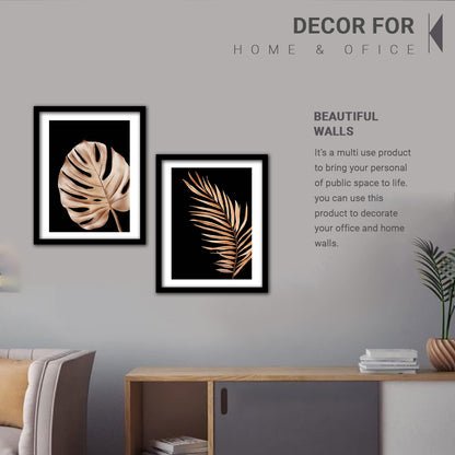 Golden Leaf Wall Decor Paintings for Home Office Living Room - Modern Art Nature Wall Paintings with Frame - Framed Wall Art Paintings Set of 2 (Art 1, 10x13 inch)