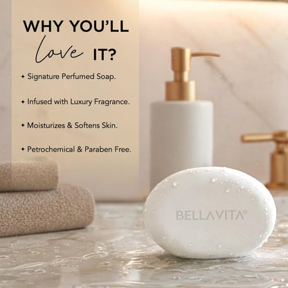 White soap bar with 'Bellavita' branding on a bathroom counter, featuring product benefits text.