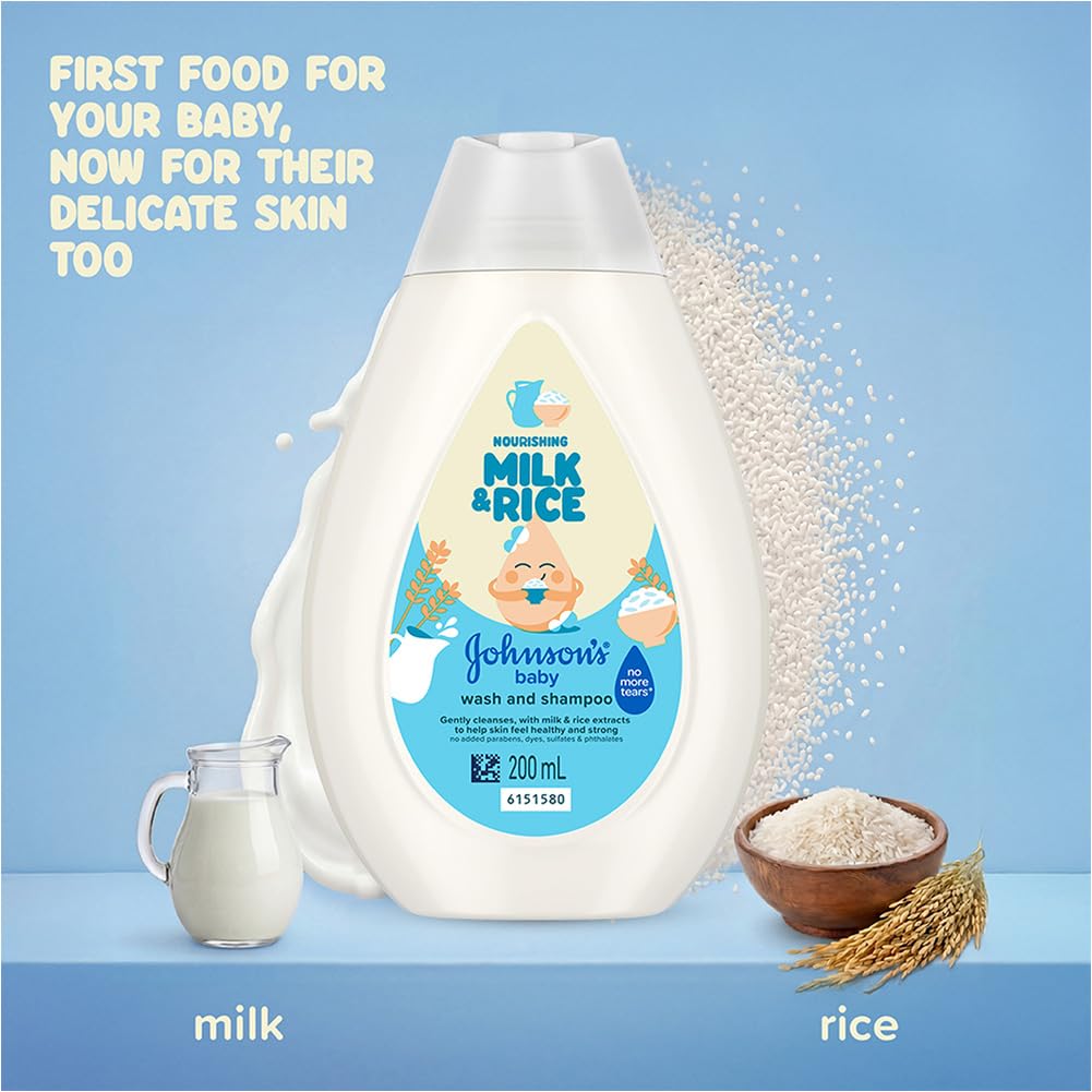 Johnson's Baby Milk & Rice Wash & Shampoo 200ml | 2-in-1 Baby Cleanser | No More Tears | With Milk Protein, Rice Extracts & Multivitamins | Hypoallergenic, pH Balanced | No Parabens, Sulphates or Dyes