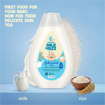 Johnson's Baby Milk & Rice Wash & Shampoo 200ml | 2-in-1 Baby Cleanser | No More Tears | With Milk Protein, Rice Extracts & Multivitamins | Hypoallergenic, pH Balanced | No Parabens, Sulphates or Dyes