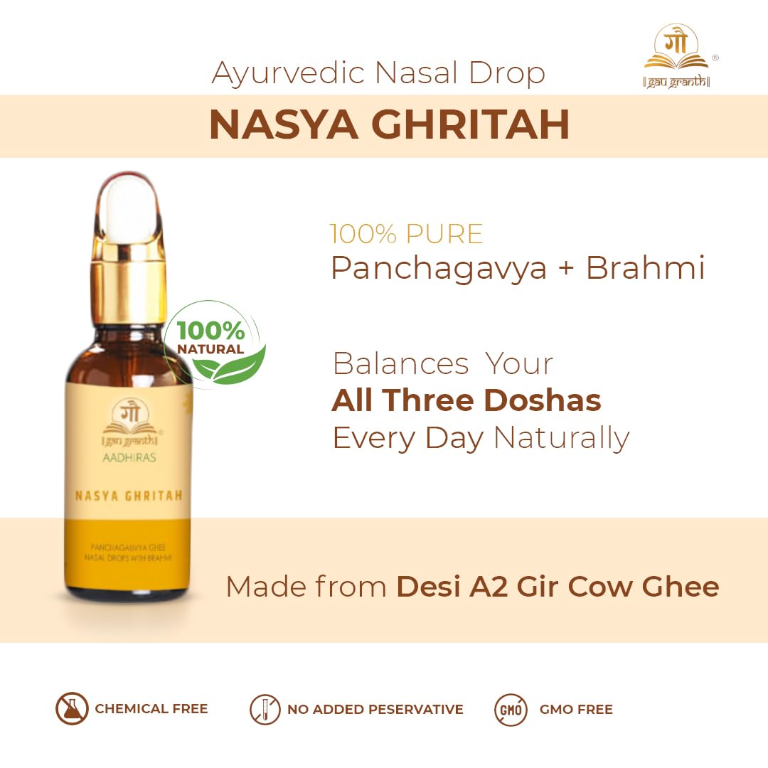 Nasya Ghrita, Nasal Drops - 15ML (Pack Of 1) | Organic And Ayurvedic A2 Nasal Drop for Anxiety Relief & Cognitive Wellness - Ayurvedic Nasya with Natural Intelligence Boost | Ayurvedic Herbs & Pure Cow-Derived Ingredients