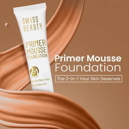 Swiss Beauty Primer Mousse Foundation Weightless Smooth & Velvet Touch, Matte Finish, Face Makeup, Natural Beige, 30ml