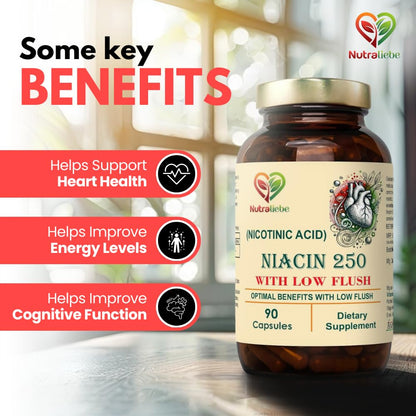 Nutraliebe Niacin Nicotinic Acid - Moderate Dose, Low Flush Formula, 90 Capsules for Cardiovascular and Energy Support