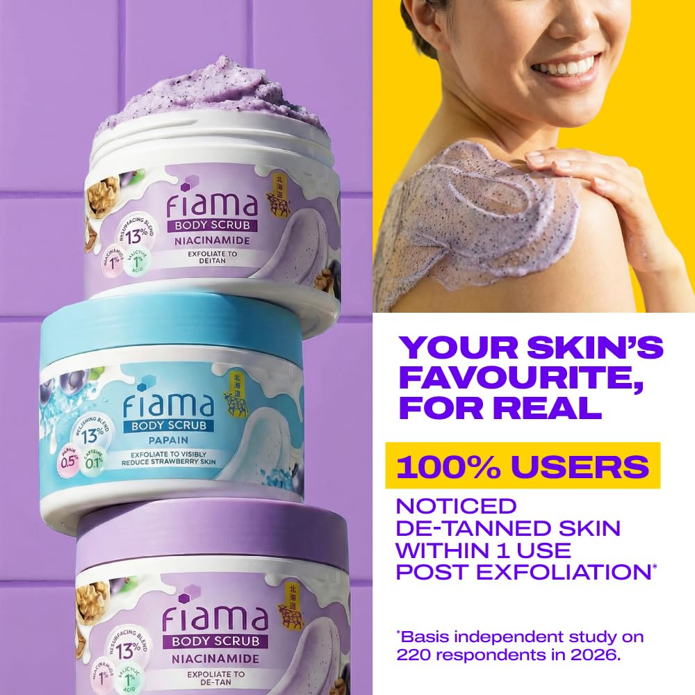 Fiama Detan Body Scrub 200g, 1% Niacinamide + 1% Salicylic Acid, Chemical + Physical Exfoliation, 13% Resurfacing Blend, Sun-Tan Removal & Instant Brightness, Gourmet Fragrance