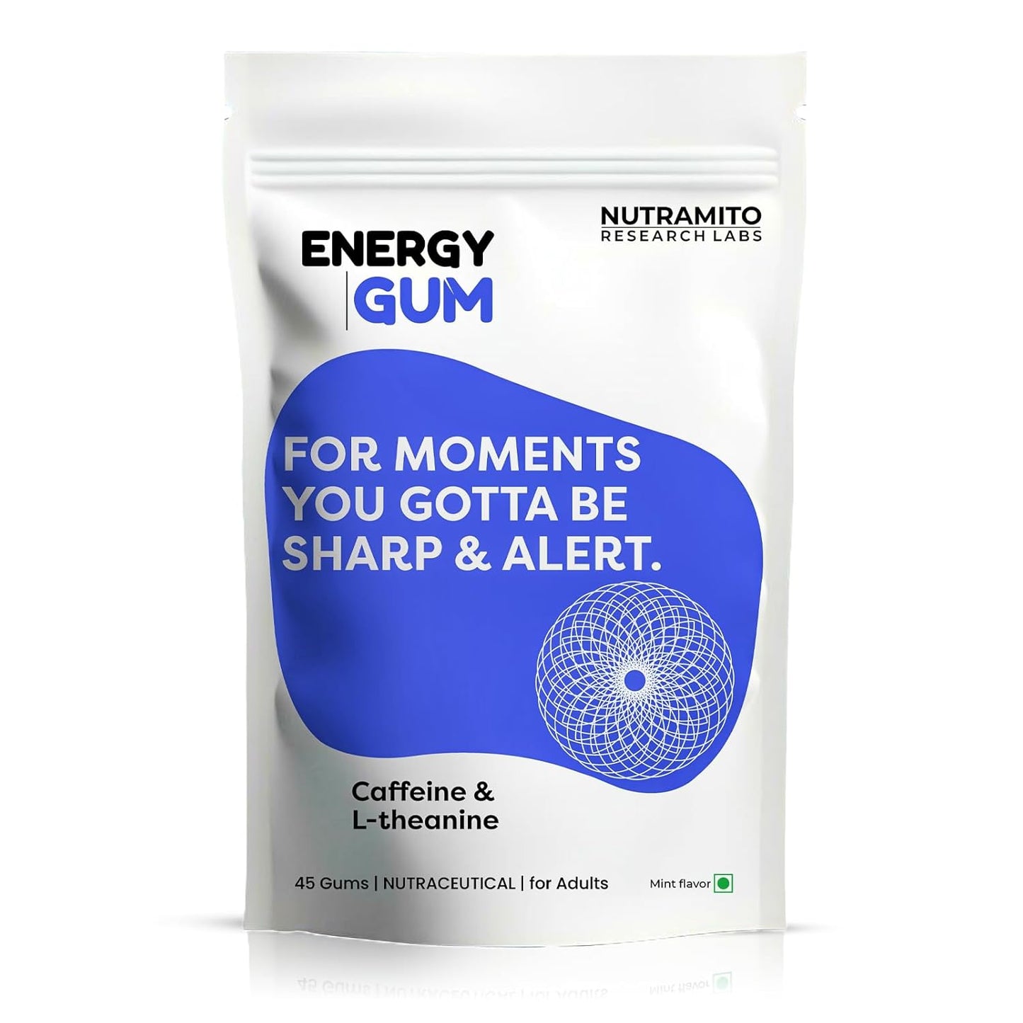 Energy Caffeine Gums by Nutramito (45 Gums) - L-theanine + Natural Caffeine - Energy & Focus Supplement for Women & Men - Mint Flavor | 45 Gums | Contains Caffeine 60mg & L-theanine 40 mg