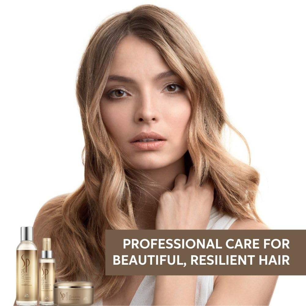 Woman with styled hair and hair care products with text 'Professional care for beautiful, resilient hair'.