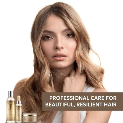 Woman with styled hair and hair care products with text 'Professional care for beautiful, resilient hair'.