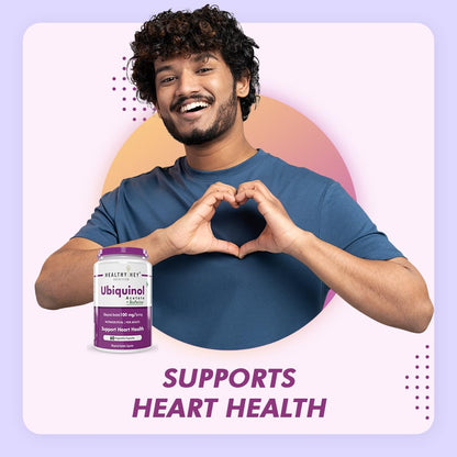 Man making a heart shape with his hands holding Ubiquinol supplements against a light purple background