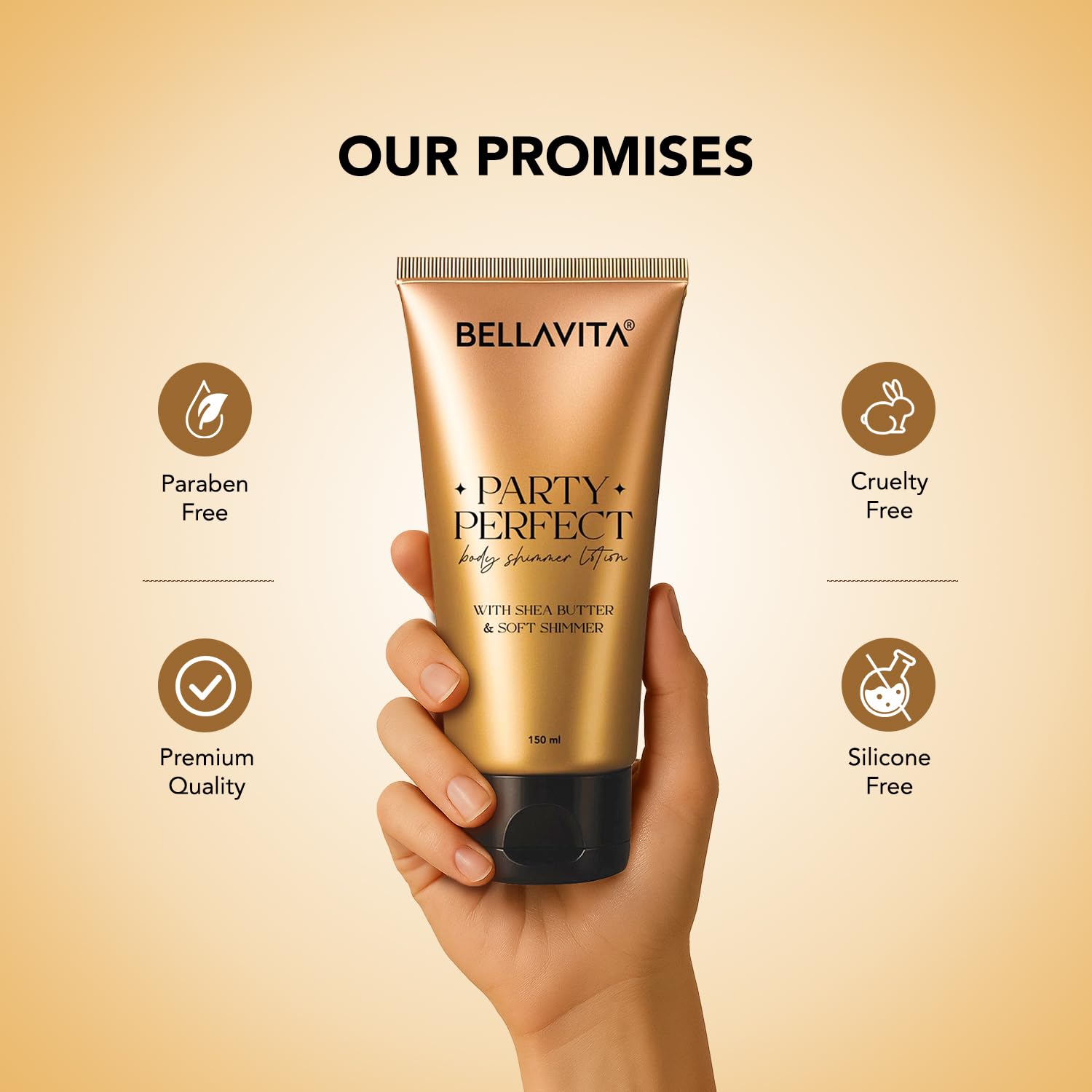 Bellavita 'Party Perfect' body shower lotion held by a hand with product features listed on a beige background.