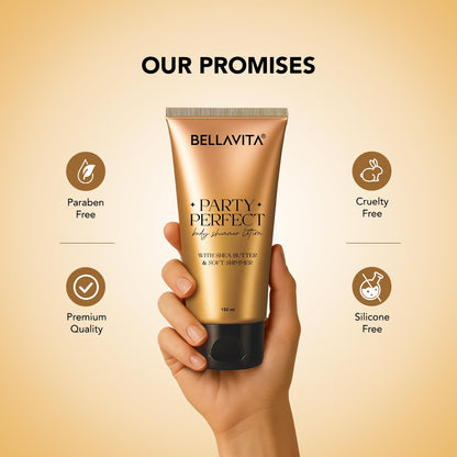 Bellavita 'Party Perfect' body shower lotion held by a hand with product features listed on a beige background.
