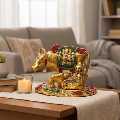 KridayKraft Kamdhenu Cow,Calf with Bal Gopal Krishna Metal Statue for Good Luck,Feng Shui As Table Top Figurine,Vastu,Religious Gau MATA Idol Home,Office&Table Decorative,Animal.