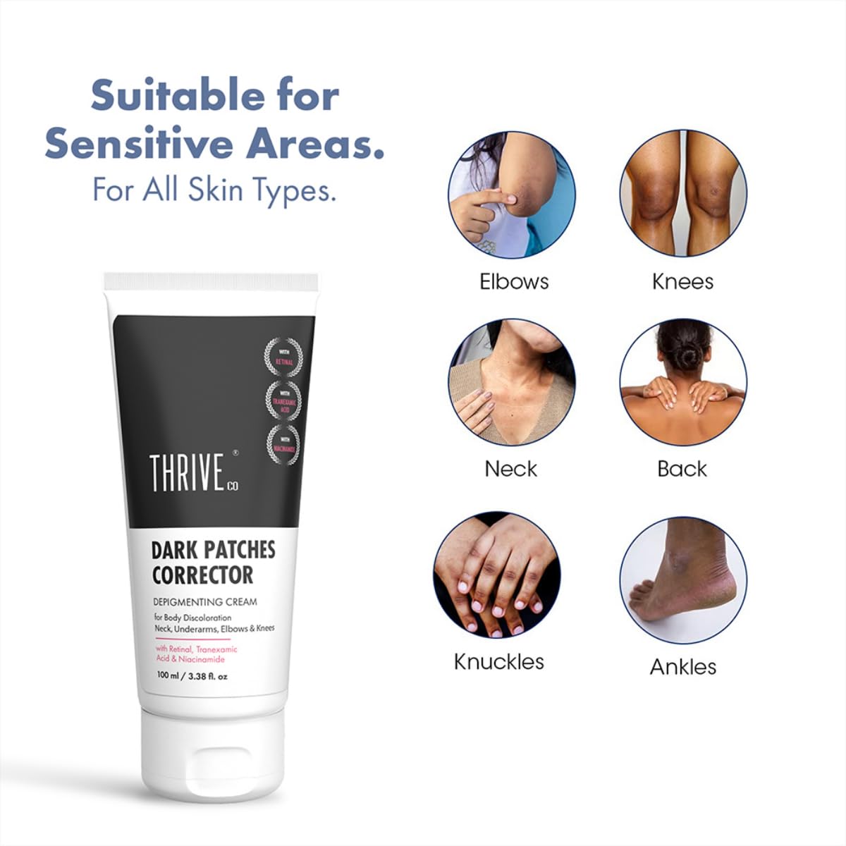 Thrive Dark Patches Corrector cream with images of sensitive areas on a white background