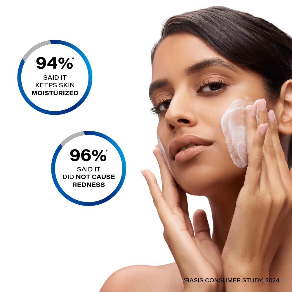 Woman applying skincare product with statistics on skin moisturization and redness.