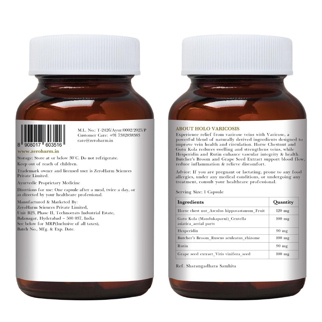 ZEROHARM Holo Varicosis With Horse Chestnut, Gotu Kola, Hesperidin, Rutin, Butcher’s Broom & Grape Seed Extract | Reduce Varicose Veins, Boost Circulation and Leg Comfort | For Men and Women | 60 Nano Capsules