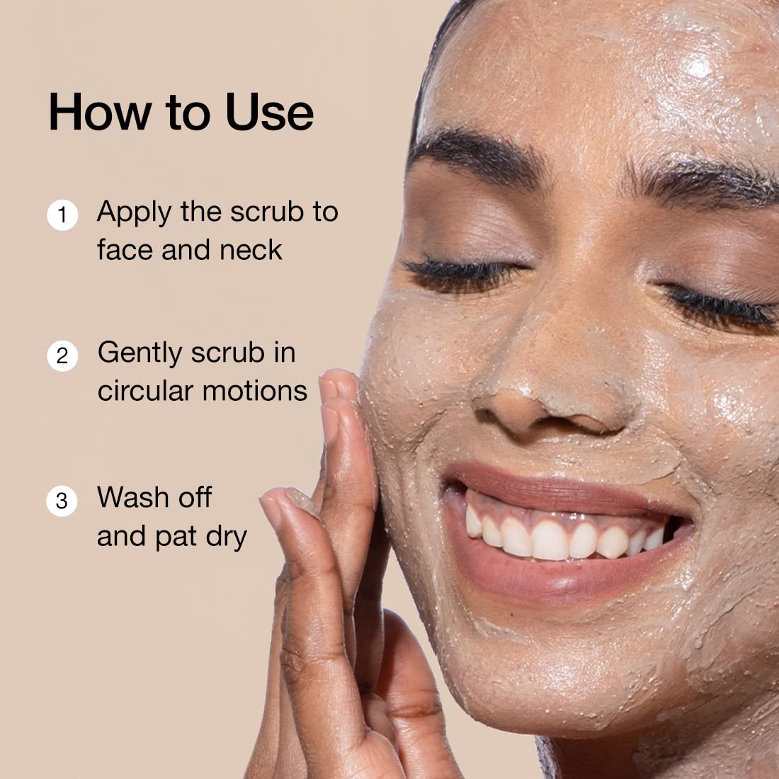 Woman applying a facial scrub with text instructions on how to use it.