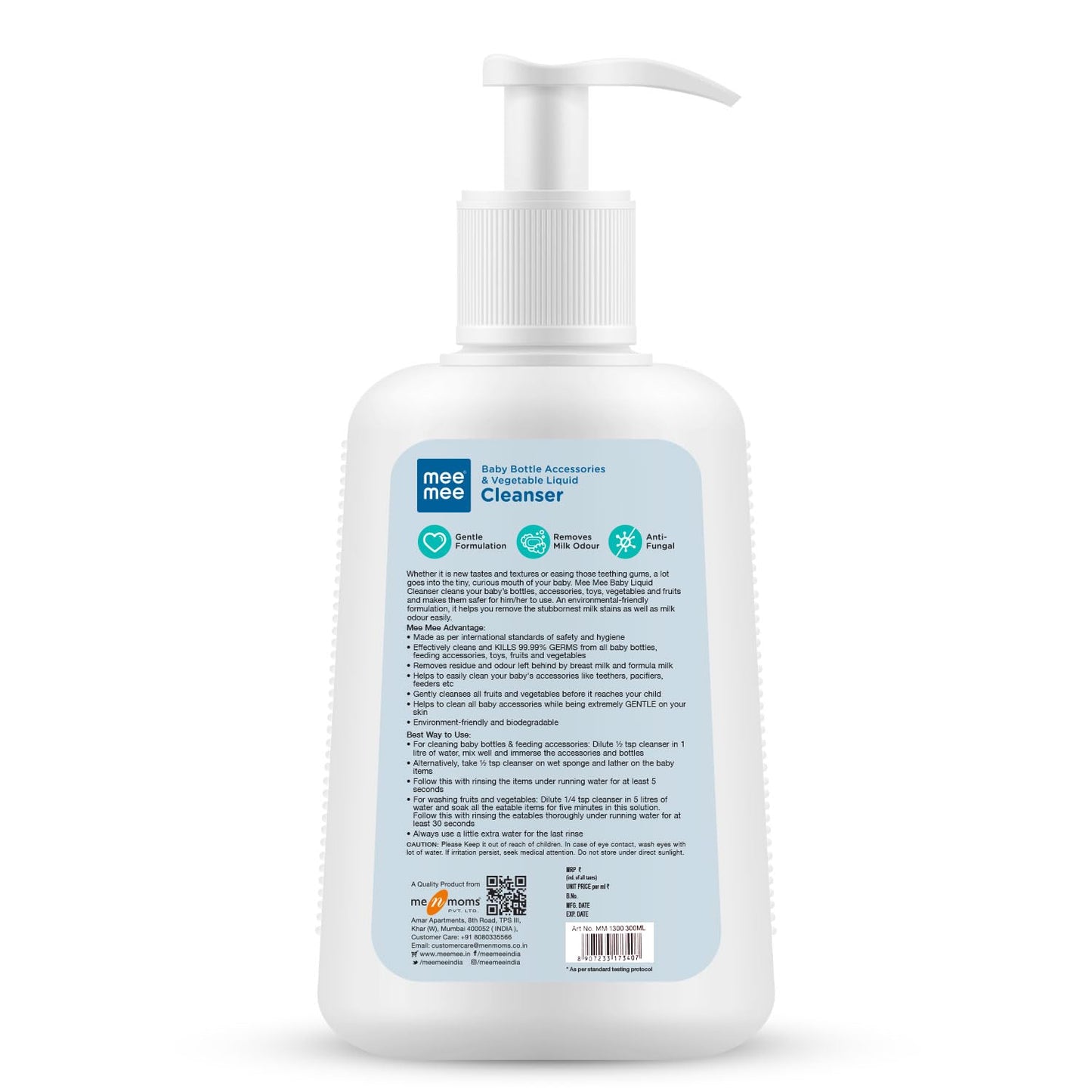 Mee Mee Liquid Cleanser 300 ml | Anti-Bacterial Formula Kills 99.9% Germs | For Bottles, Nipples, Accessories, Toys, Fruits & Vegetables | Alcohol-Free, Dermatologically Tested